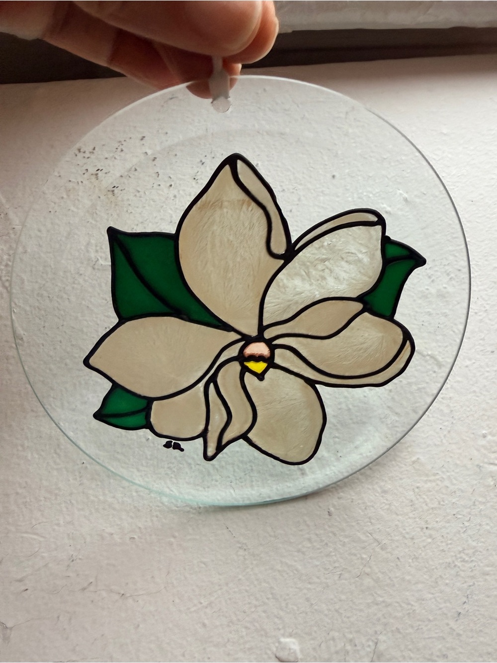 Vintage Magnolia Hand Painted Glass Suncatcher Floral Window Art